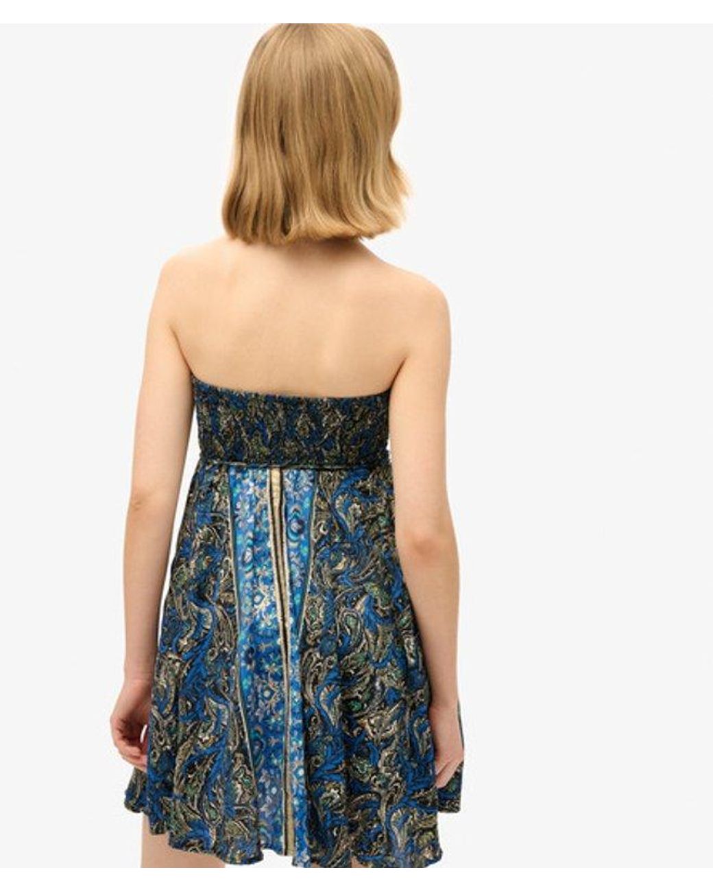 Superdry Blue Slim Fit Paisley Print St Tropez Bandeau Dress