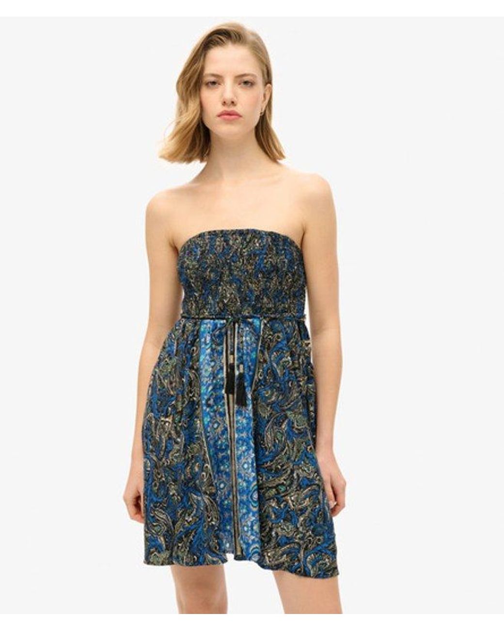 Superdry Blue Slim Fit Paisley Print St Tropez Bandeau Dress