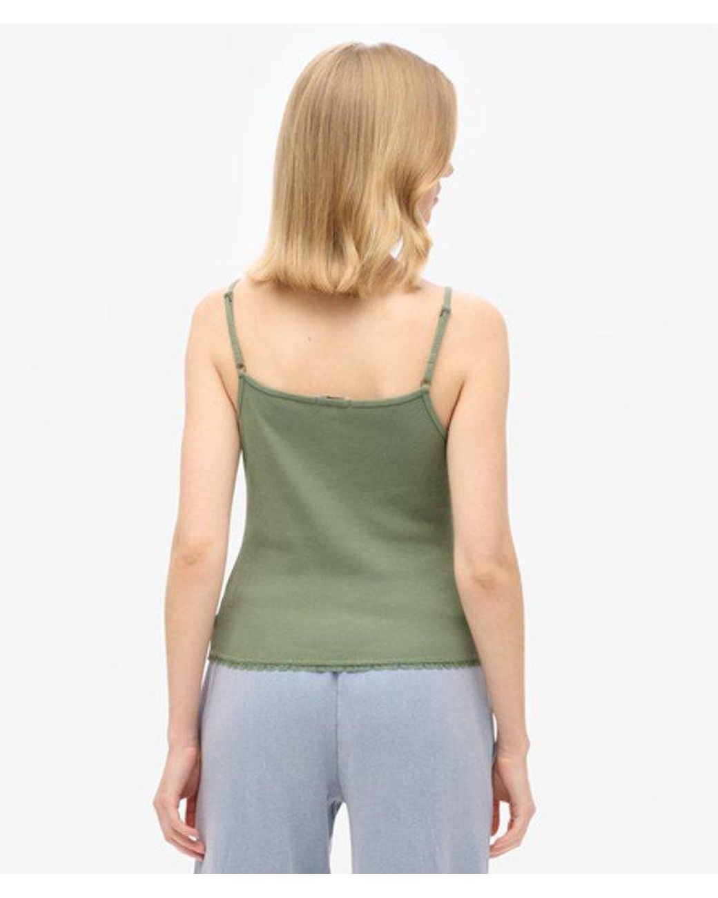 Superdry Green & Co Ladies Slim Fit Embroidered Logo Athletic Essentials Button Down Cami Top