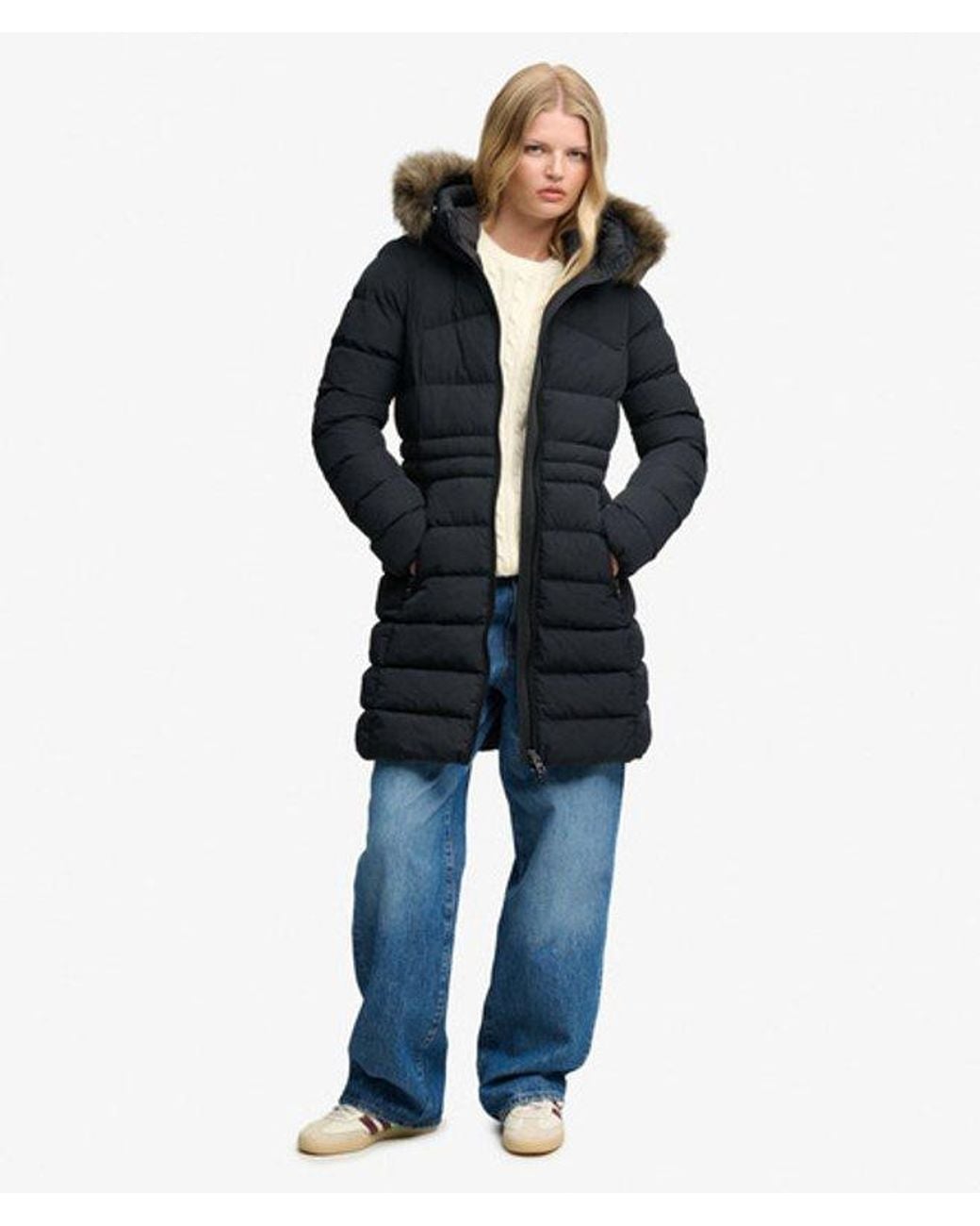 Superdry Blue & Co Hooded Faux Fur Fuji Mid Length Coat