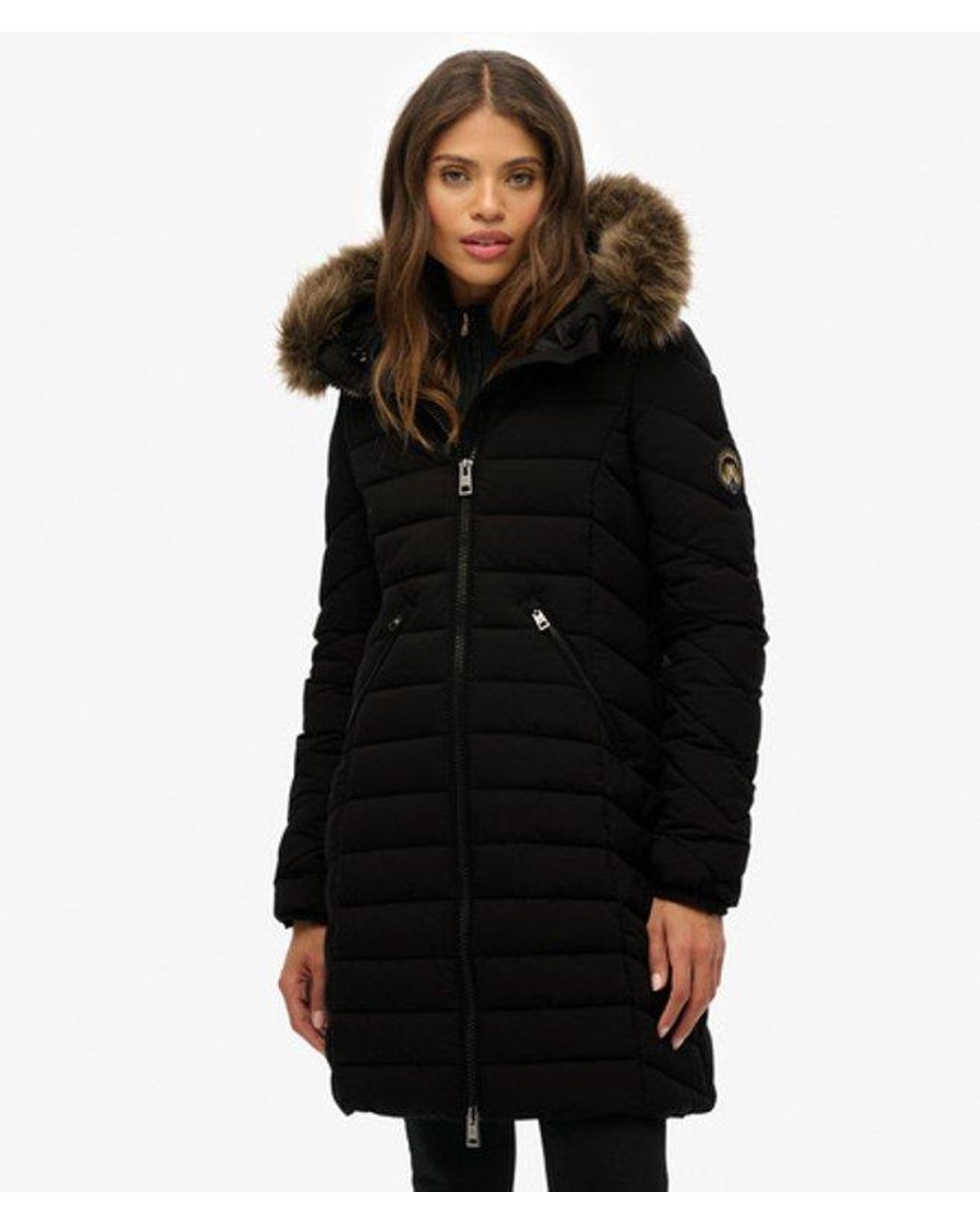 Superdry Black & Co Fuji Faux Fur Hooded Mid Length Coat