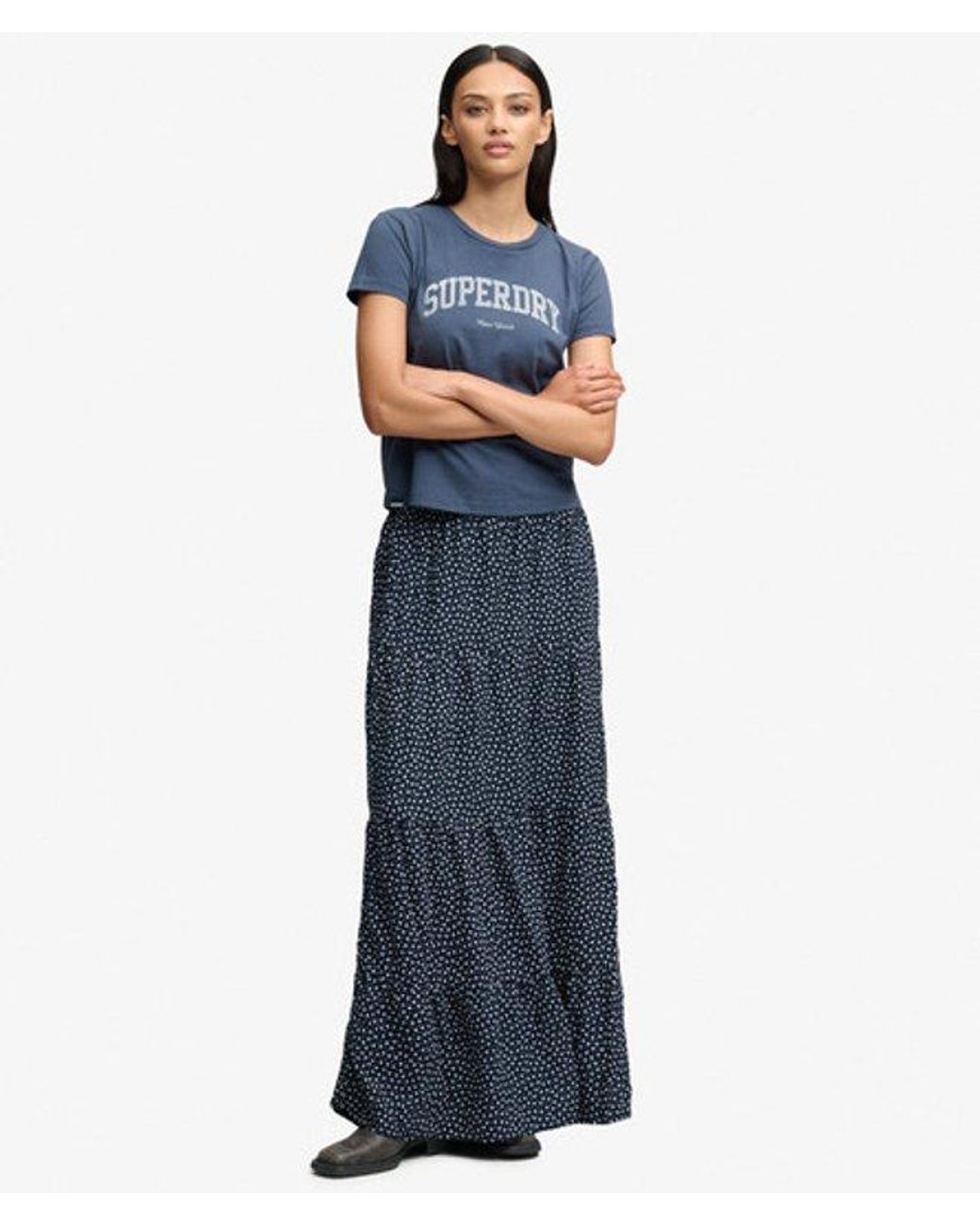Superdry Blue Woven Tiered Maxi Skirt