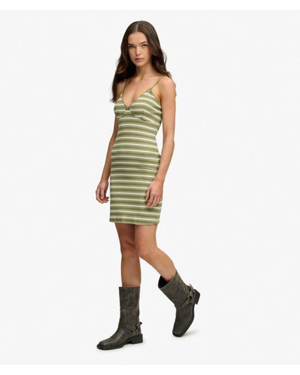 Superdry Green V-Neck Striped Mini Dress