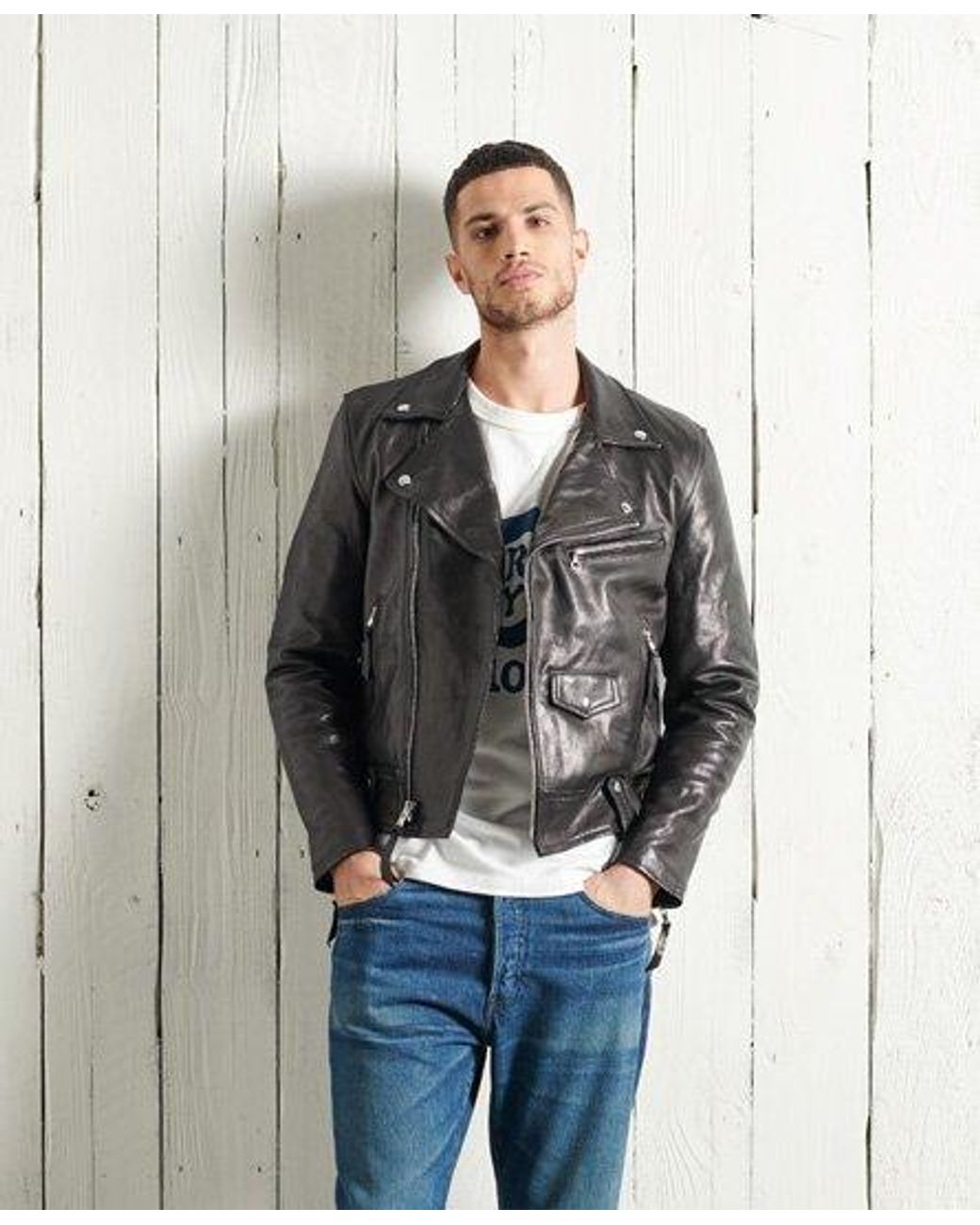Superdry Dry Leather Biker Jacket in Black for Men | Lyst