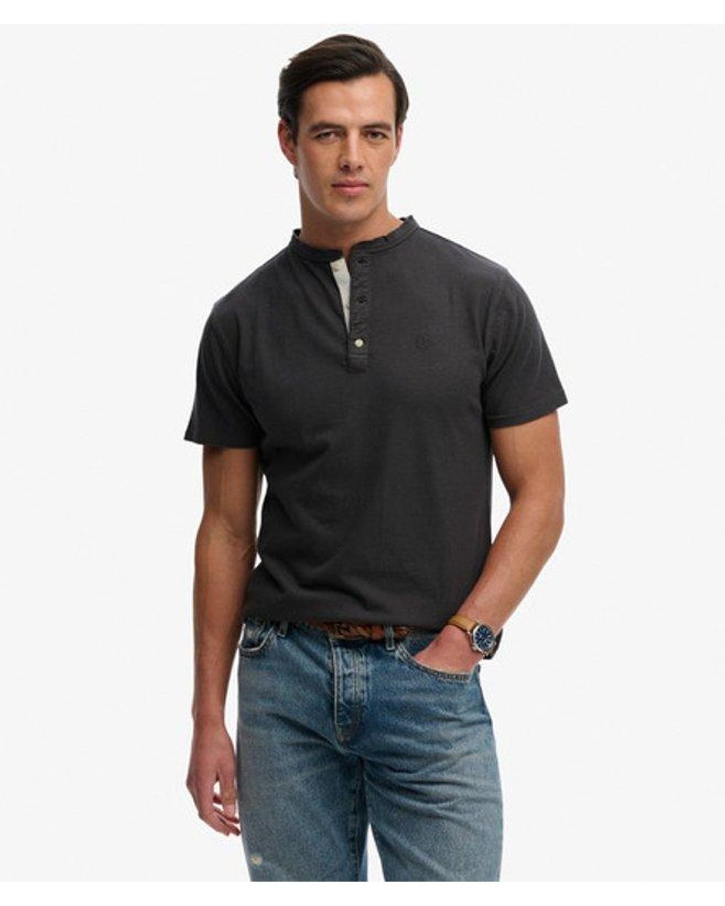 Superdry Black & Co Classic Cotton Linen Short Sleeve Henley T-shirt for men