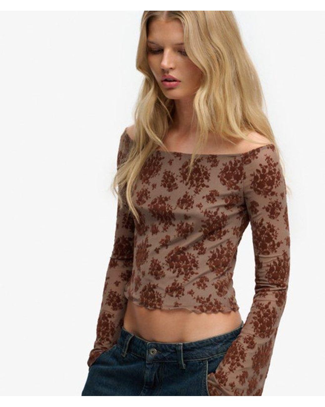 Superdry Brown & Co Flocked Mesh Long Sleeve Top