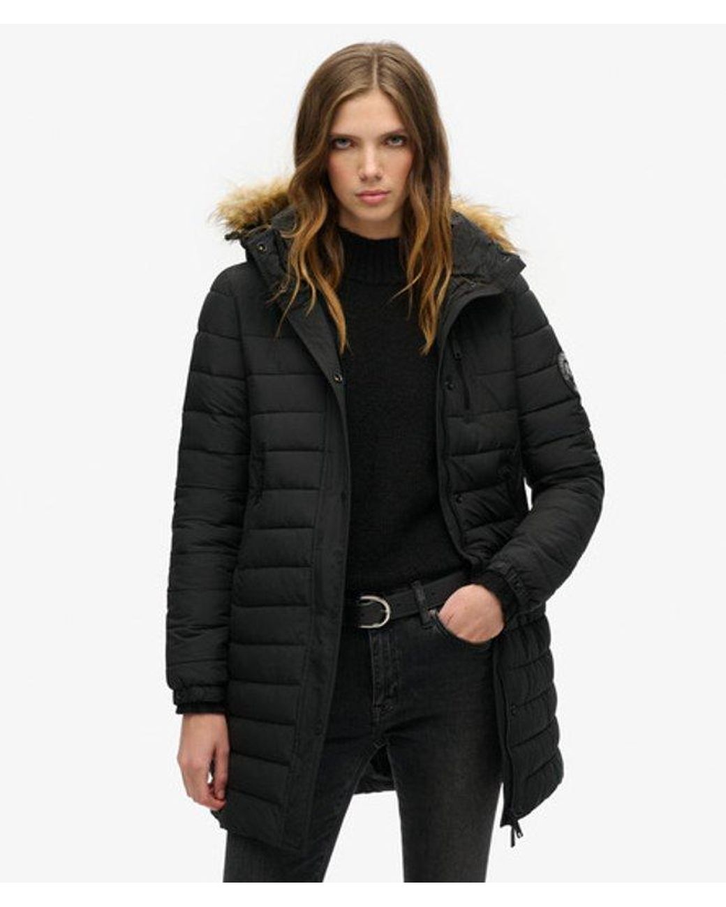 Superdry Black & Co Slim Fit Quilted Fuji Hooded Mid Length Puffer Coat
