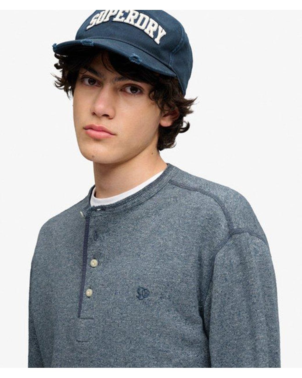 Superdry Blue & Co Mini Slub Waffle Long Sleeve Grandad Top for men