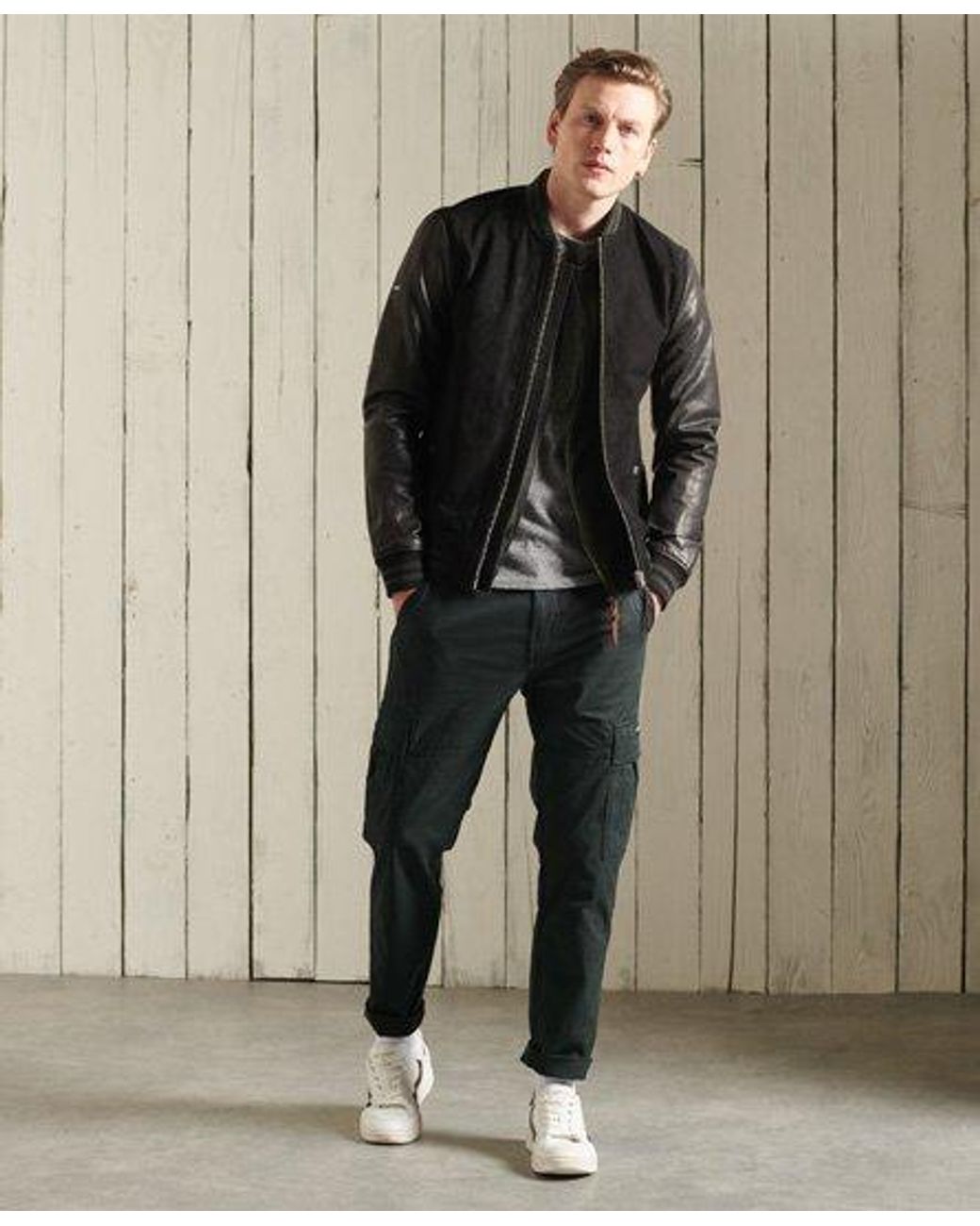 Superdry Varsity Leather Jacket in Black for Men | Lyst