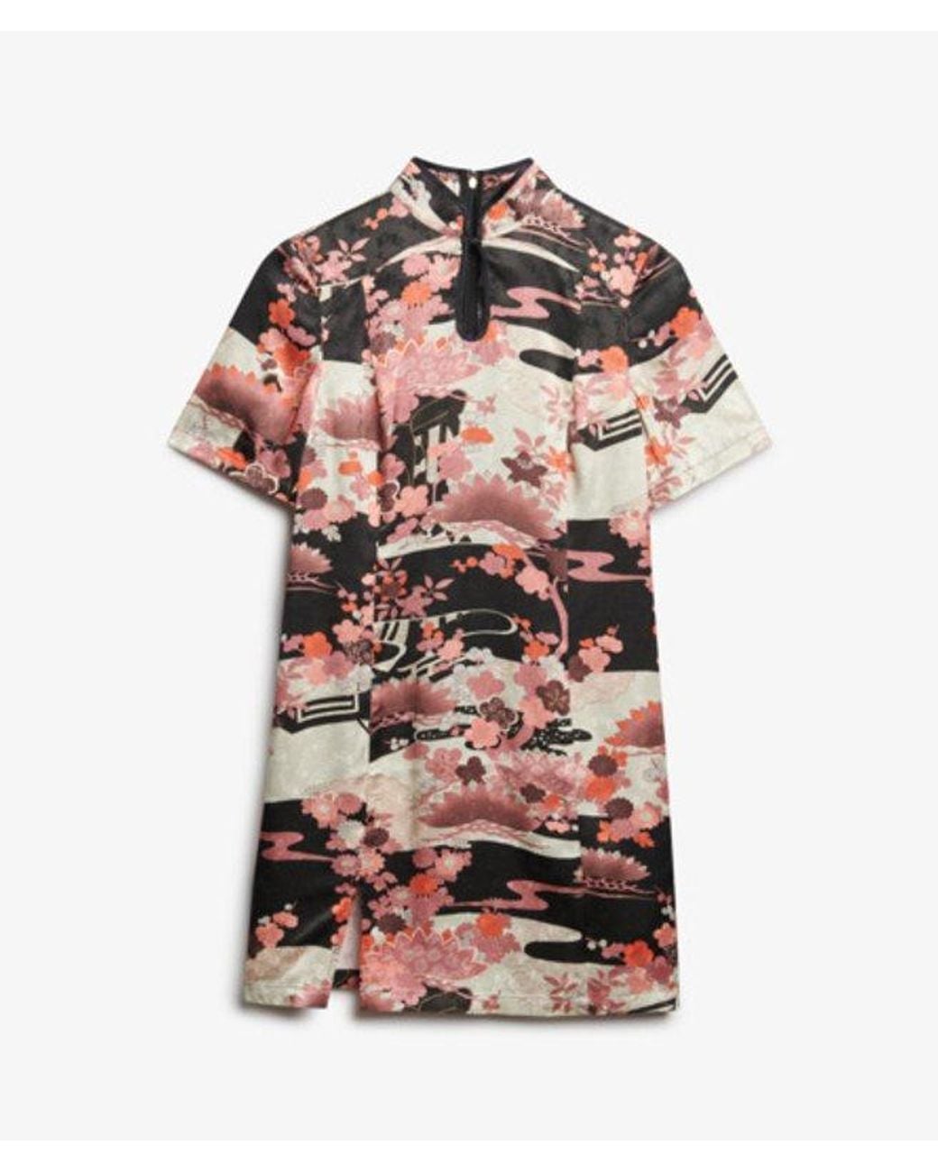 Superdry Red Floral Print Mandarin Jacquard Mini Dress