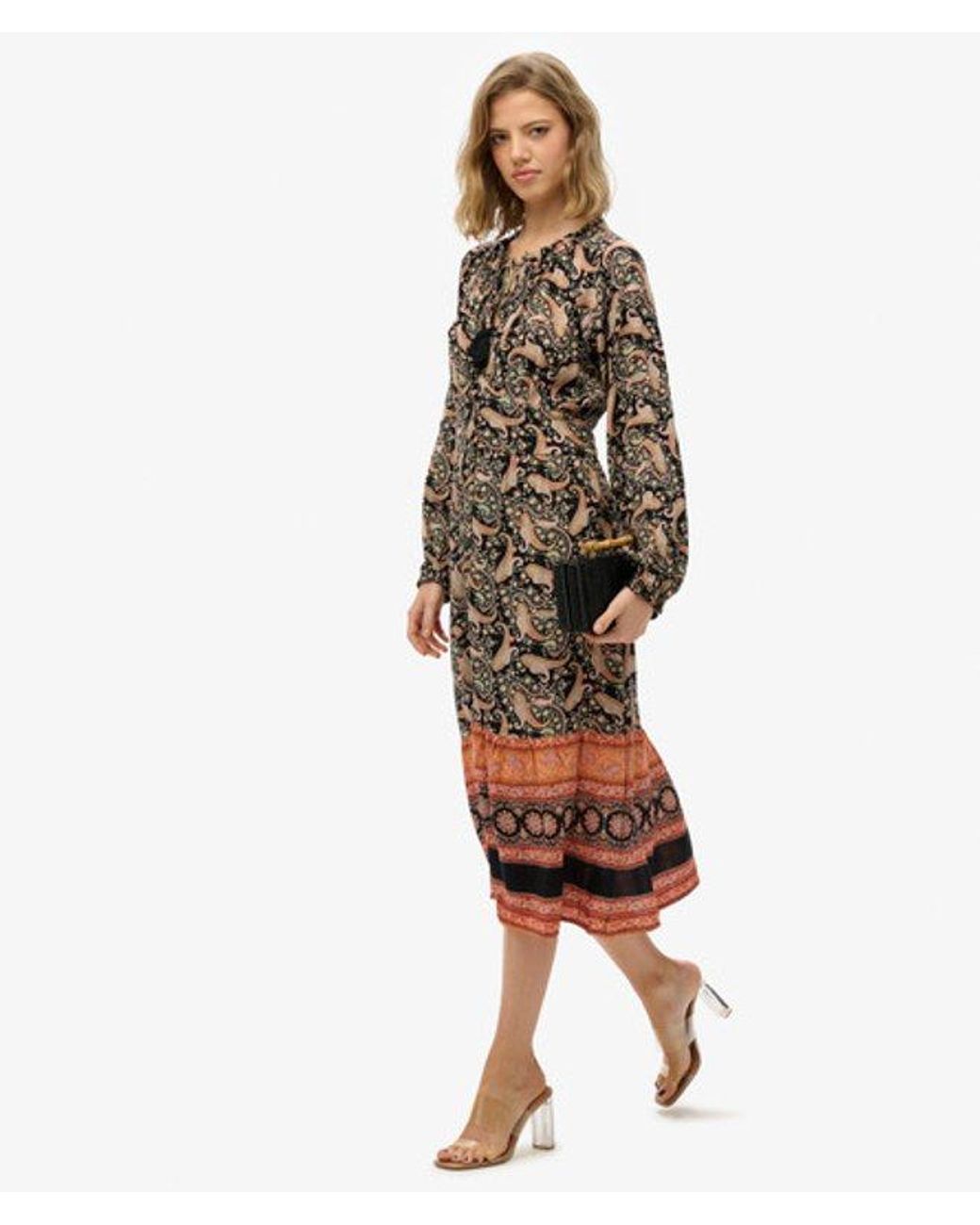 Superdry Black Paisley Print Long Sleeve Midi Dress