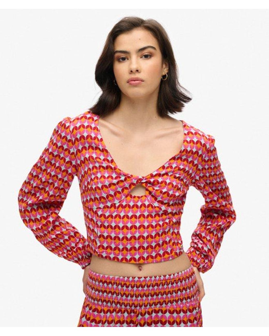 Superdry Red & Co Long Sleeve Woven Crop Top