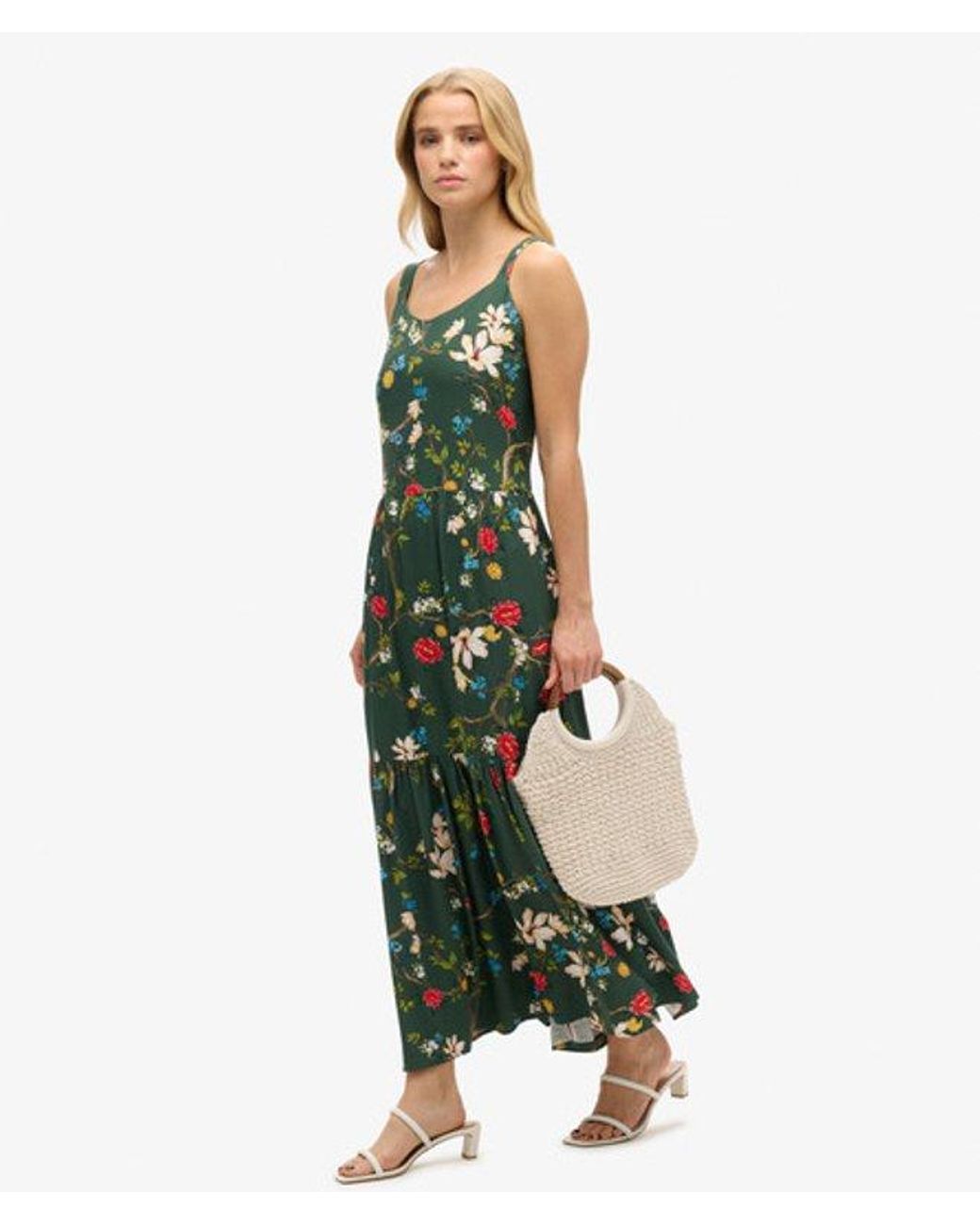 Superdry Green Floral Print Woven Tiered Maxi Dress