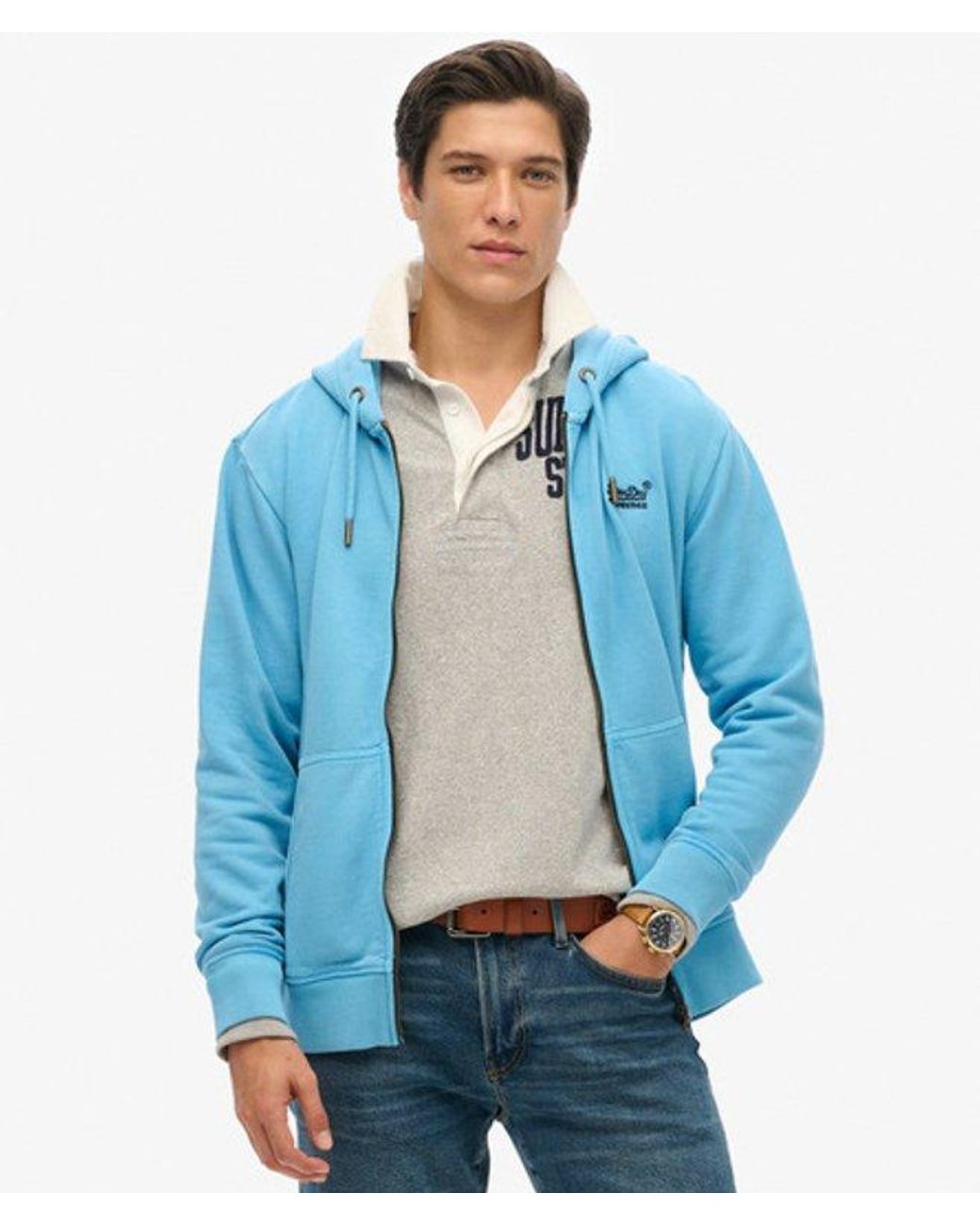 Superdry Blue Essential Logo Washed Zip Hoodie - Size: L for men