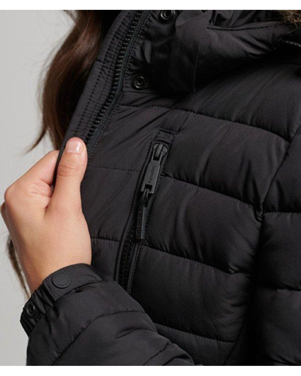 Superdry Faux Fur Hooded Mid Length Puffer Jacket Black