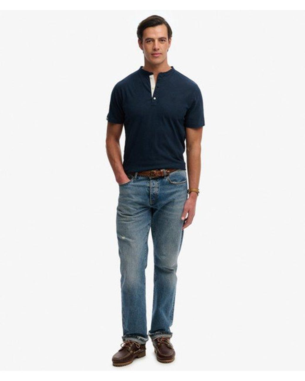Superdry Blue Classic Cotton Linen Short Sleeve Henley T-Shirt for men