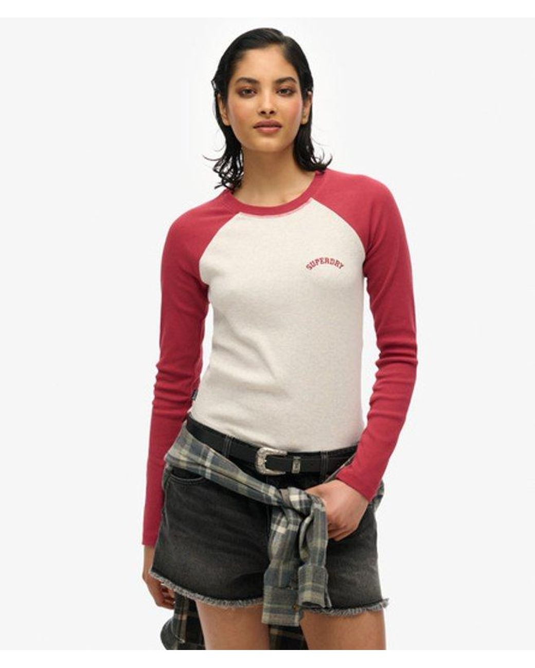 Superdry Red & Co Essential Logo Ribbed Baseball Long Sleeve Top