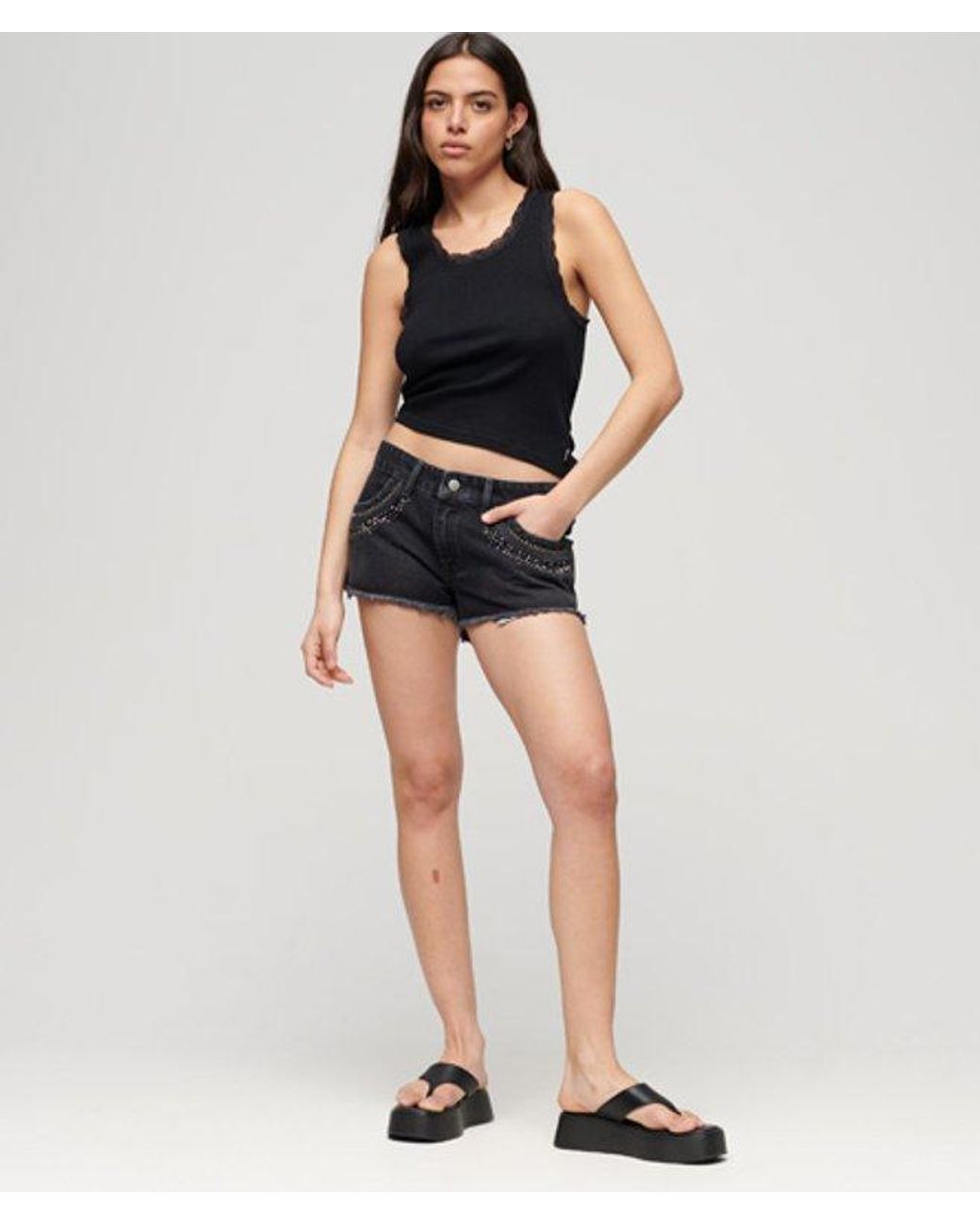 Superdry Black & Co Diamante Embellished Denim Shorts