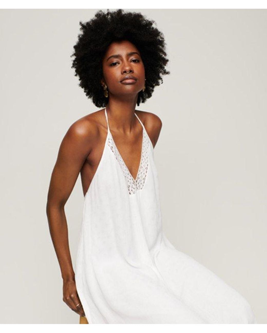 Superdry Lace Halter Neck Midi Dress White