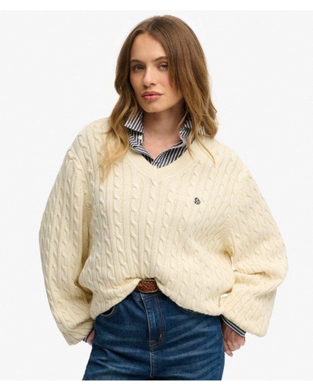 Superdry Natural & Co Oversized V Neck Cable Jumper