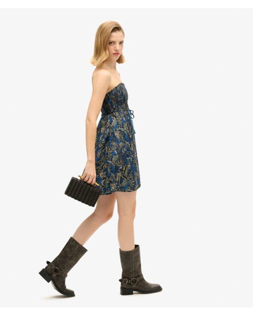 Superdry Blue Slim Fit Paisley Print St Tropez Bandeau Dress