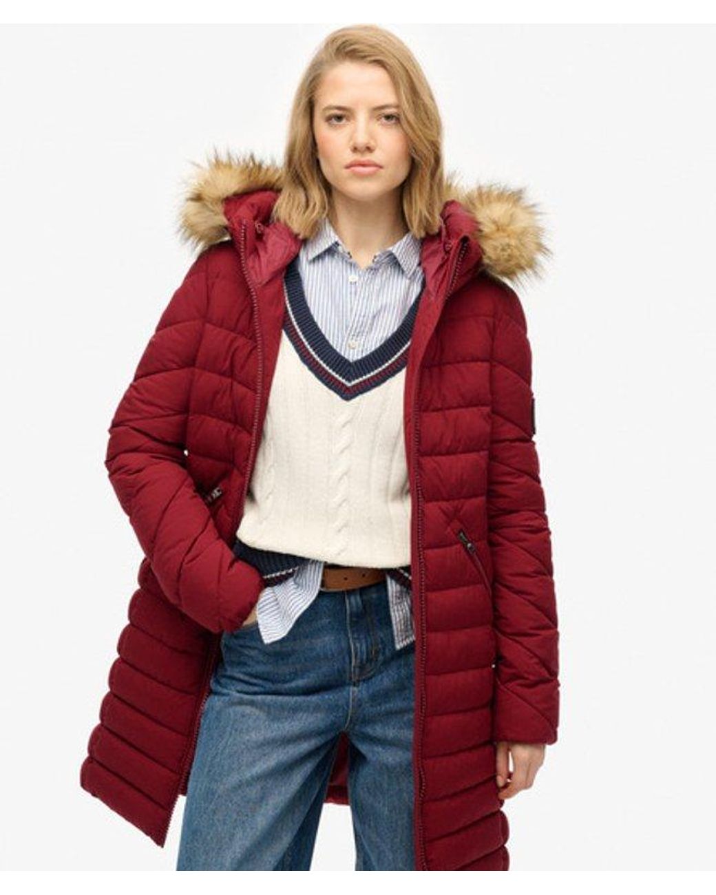 Superdry Red & Co Fuji Faux Fur Hooded Mid Length Coat