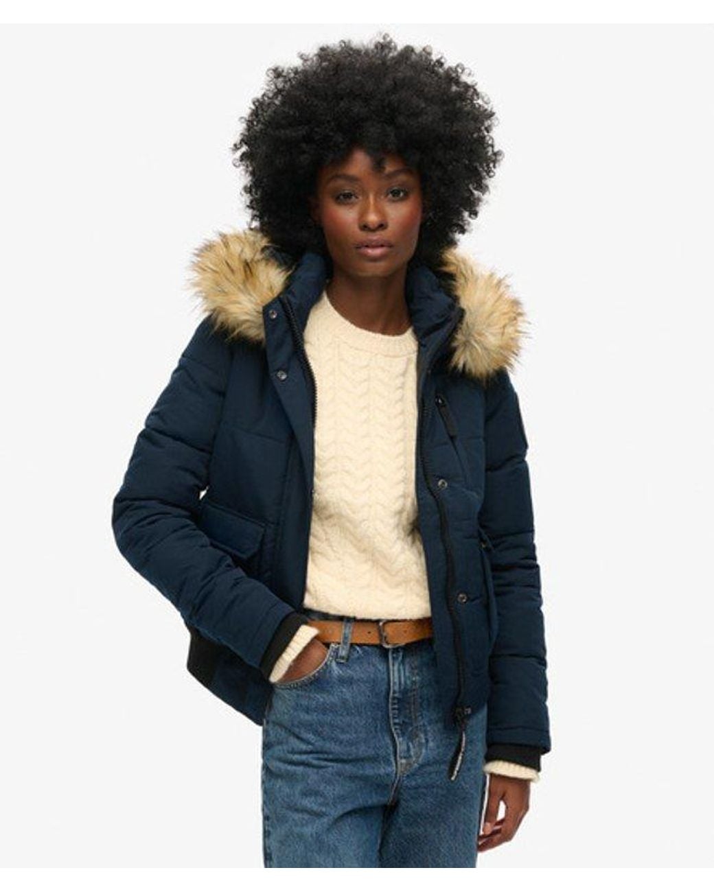 Superdry Blue & Co Fully Lined Embroidered Badge Hooded Everest Puffer Bomber Jacket