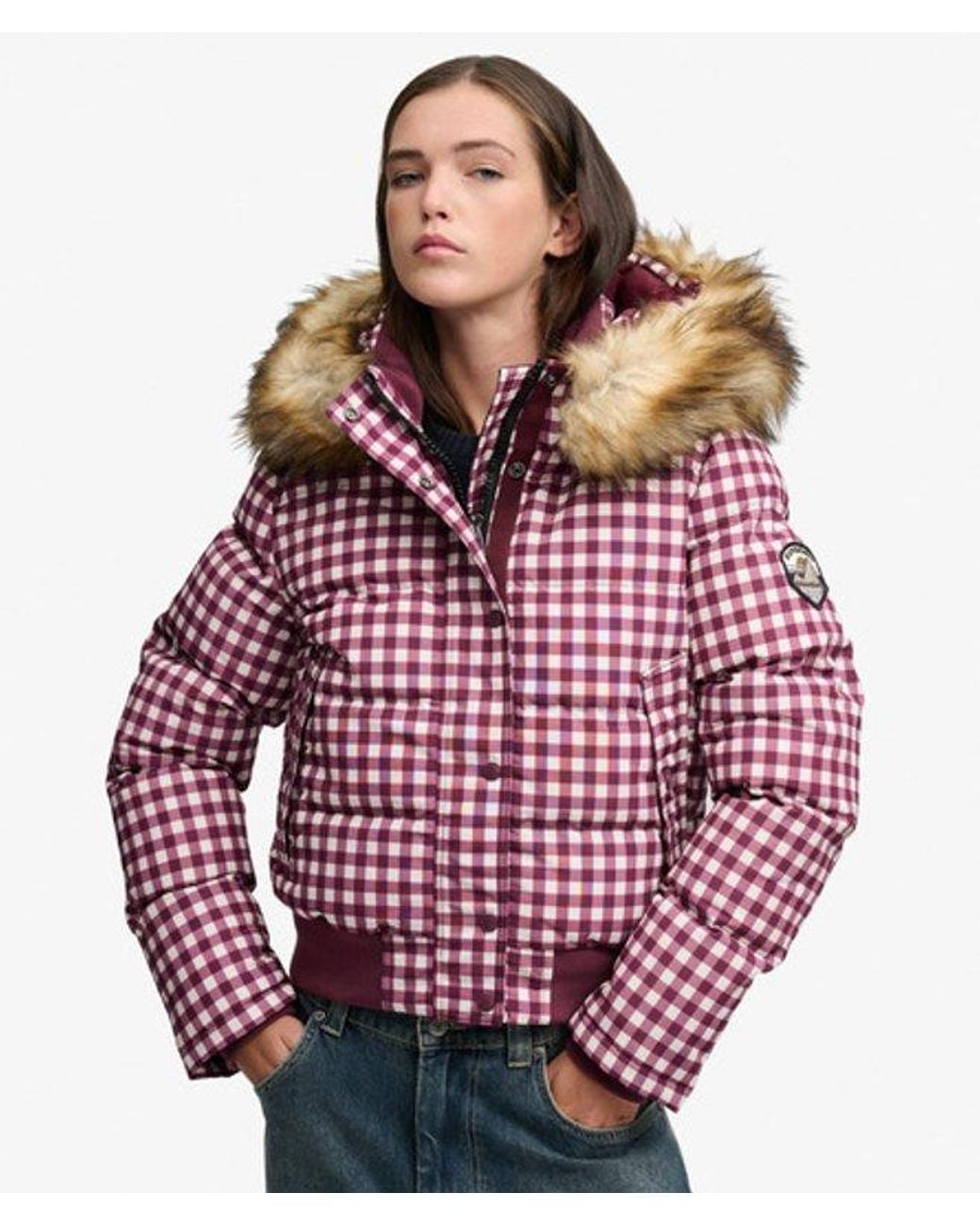 Superdry Red & Co Everest Check Hooded Bomber Jacket