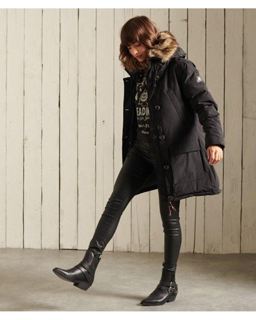 Superdry Black Hooded Faux Fur Down Parka Coat