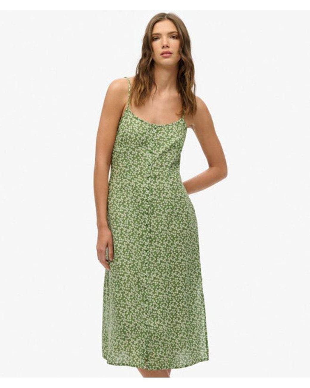 Superdry Green Printed Button-up Cami Midi Dress