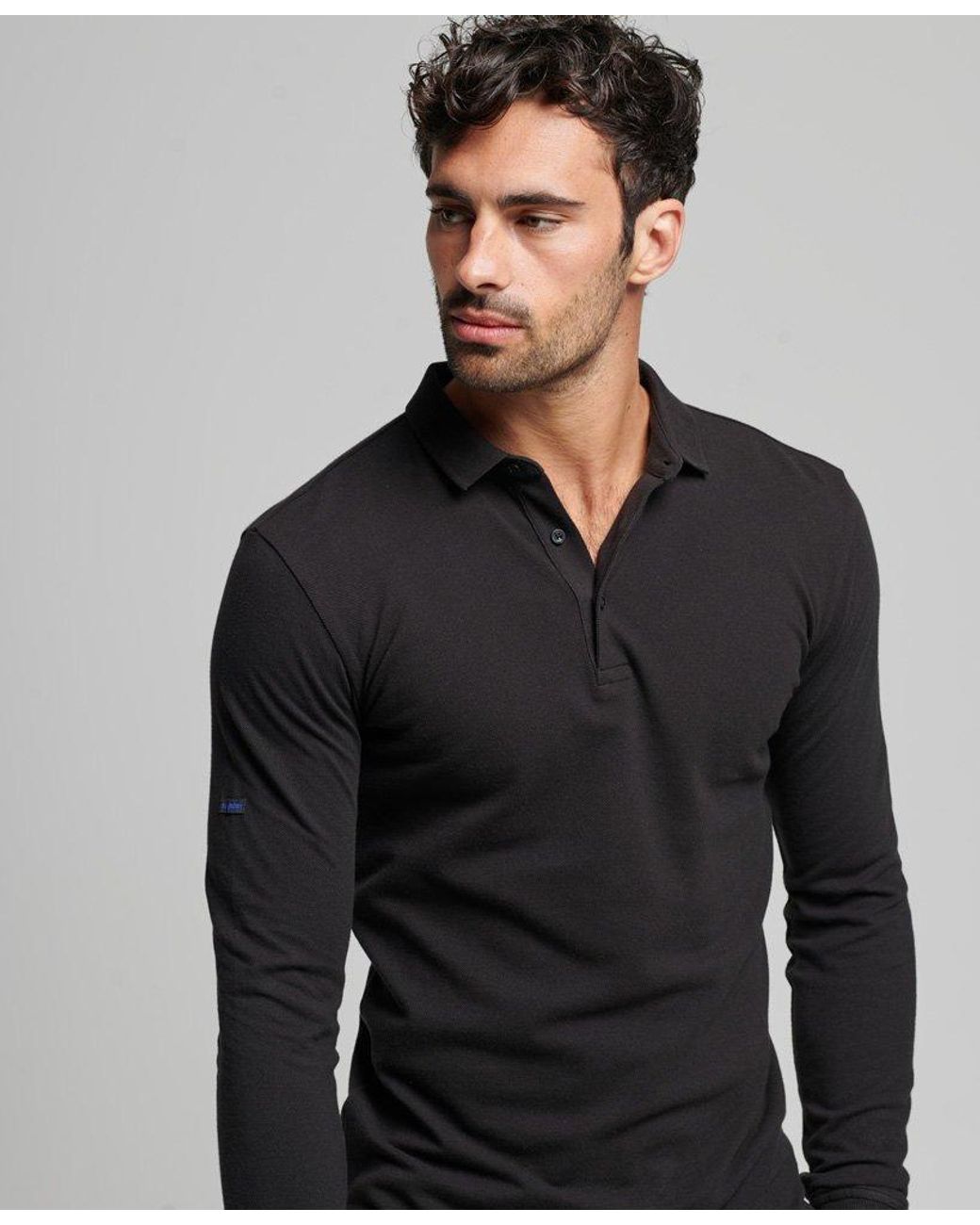 Superdry Long Sleeve Pique Polo Shirt Black for Men | Lyst