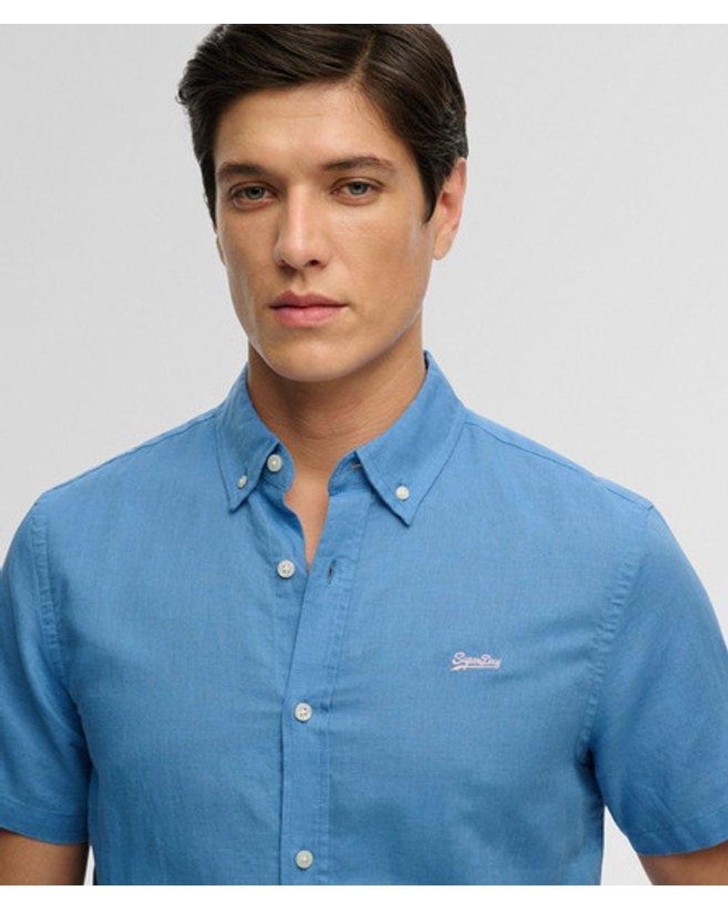 Superdry Blue Cotton Linen Short Sleeve Shirt for men