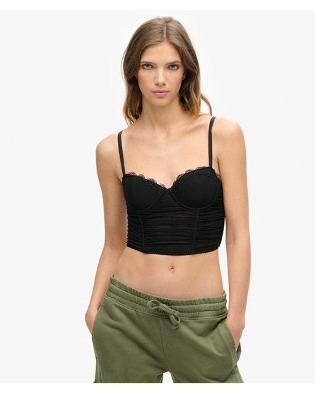 Superdry Black & Co Ruched Mesh Crop Corset Top