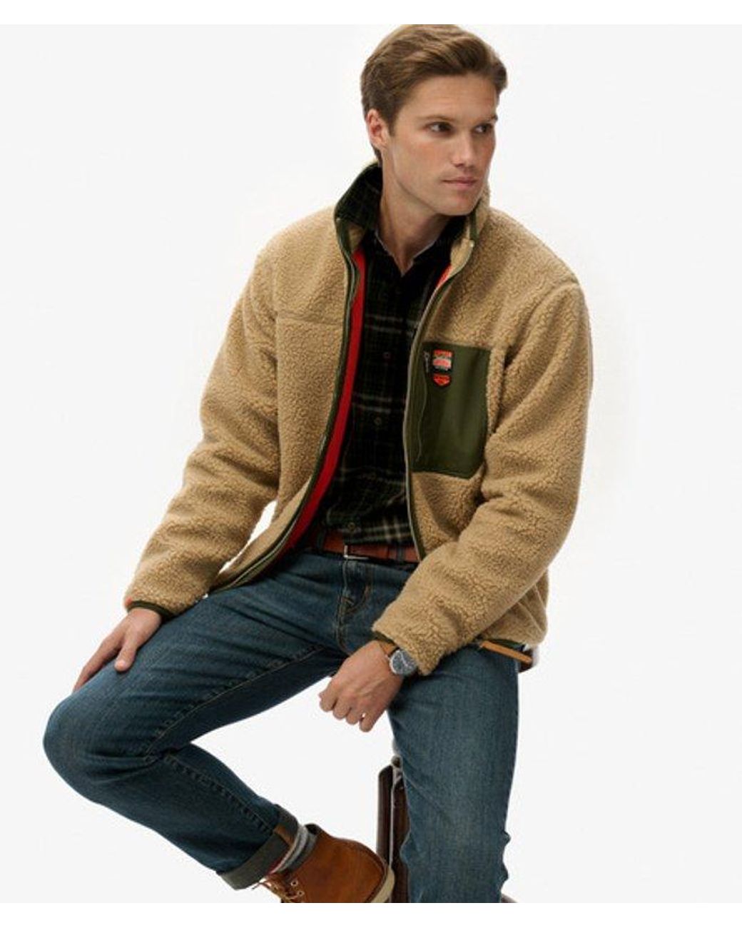 Superdry Brown & Co Vintage Retro Borg Fleece Jacket for men