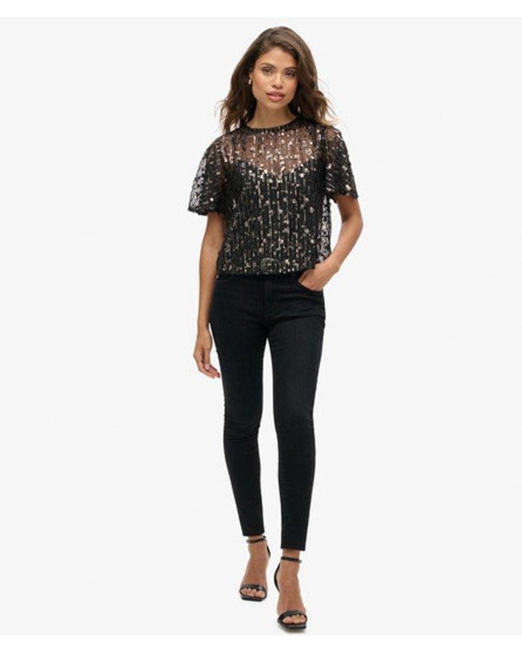 Superdry Black & Co Sequin Sheer Short Sleeve Top