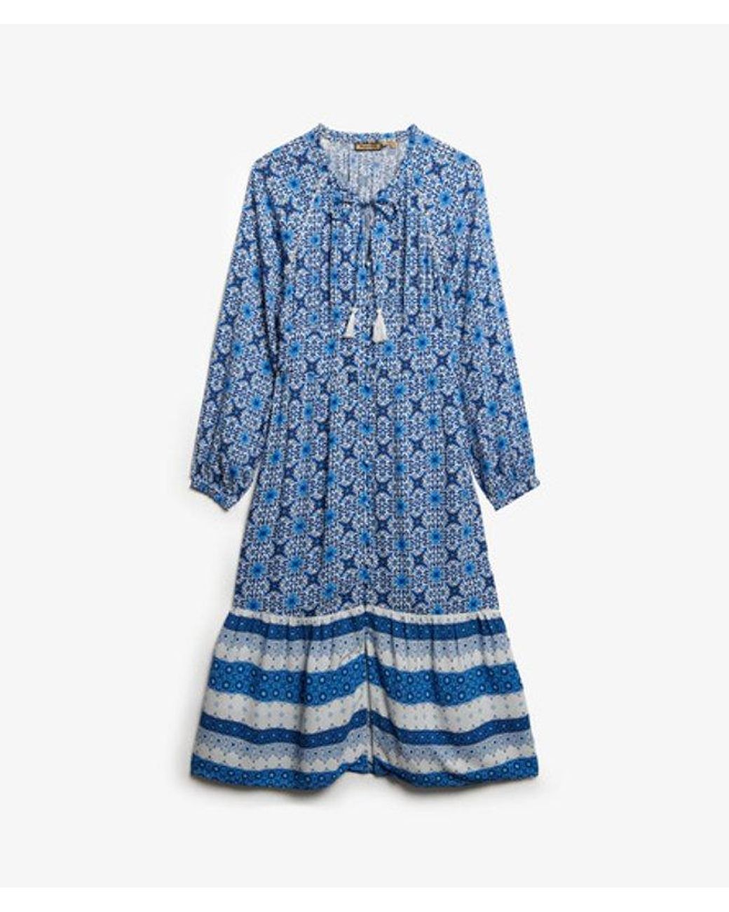 Superdry Blue Floral Print Long Sleeve Midi Dress