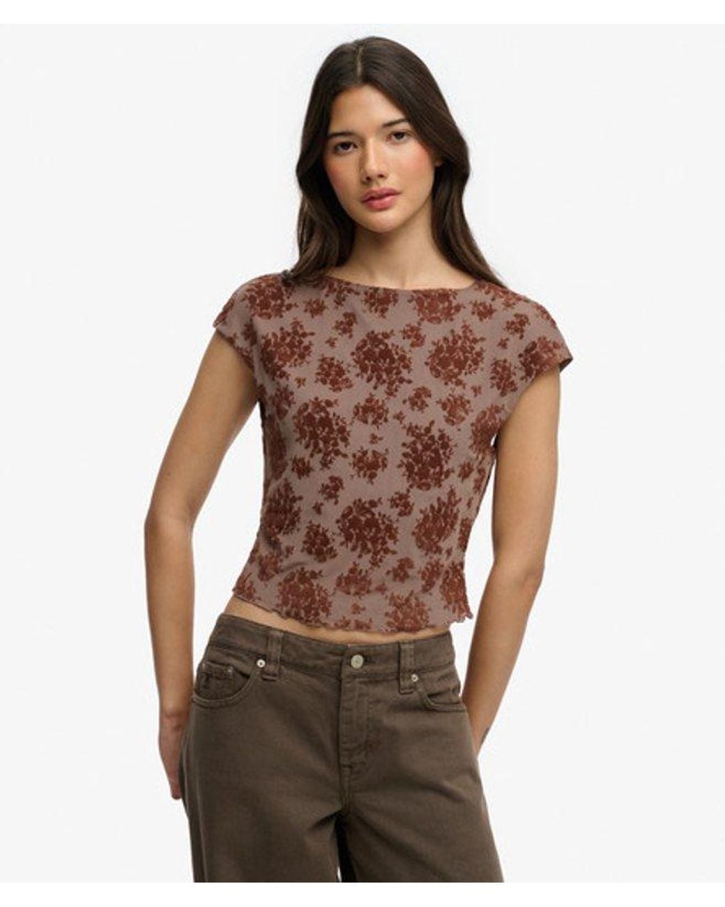 Superdry Brown & Co Flocked Mesh Short Sleeve Top