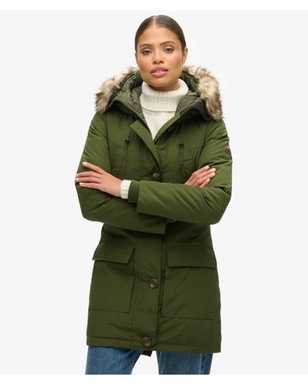 Superdry Green & Co Hooded Faux Fur Down Parka Coat