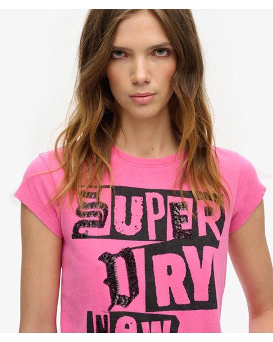 Superdry Pink & Co Embellished Punk Cap Sleeve T-shirt