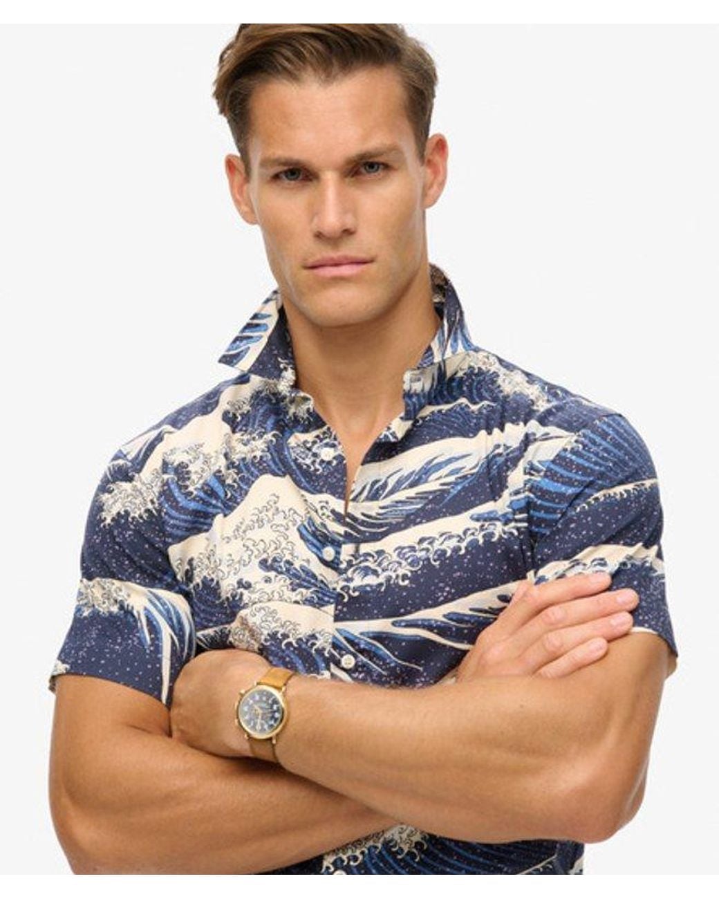 Superdry Blue Mens Classic Wave Print Short Sleeve Hawaiian Shirt for men
