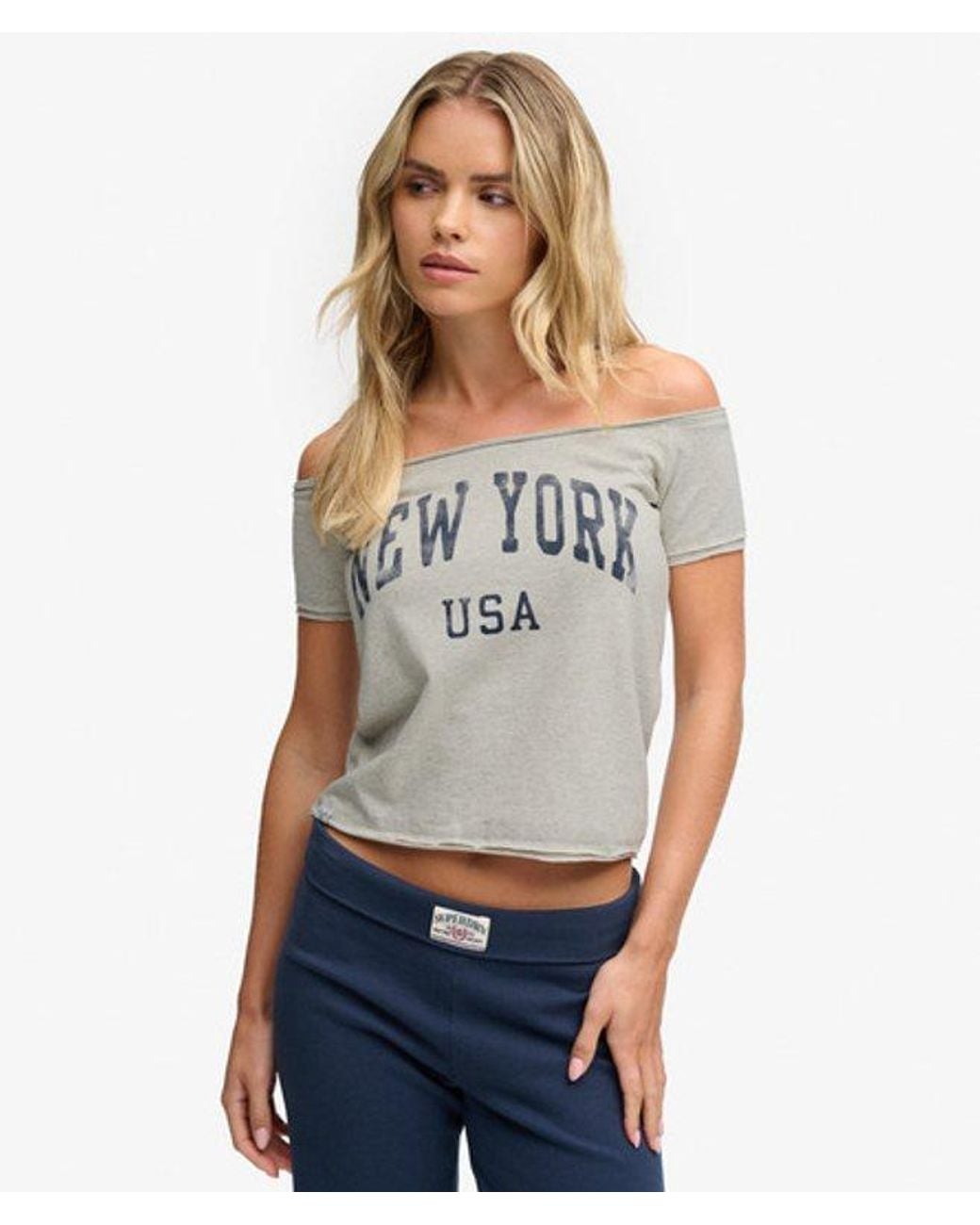 Superdry Gray & Co Graphic Bardot Short Sleeve Top