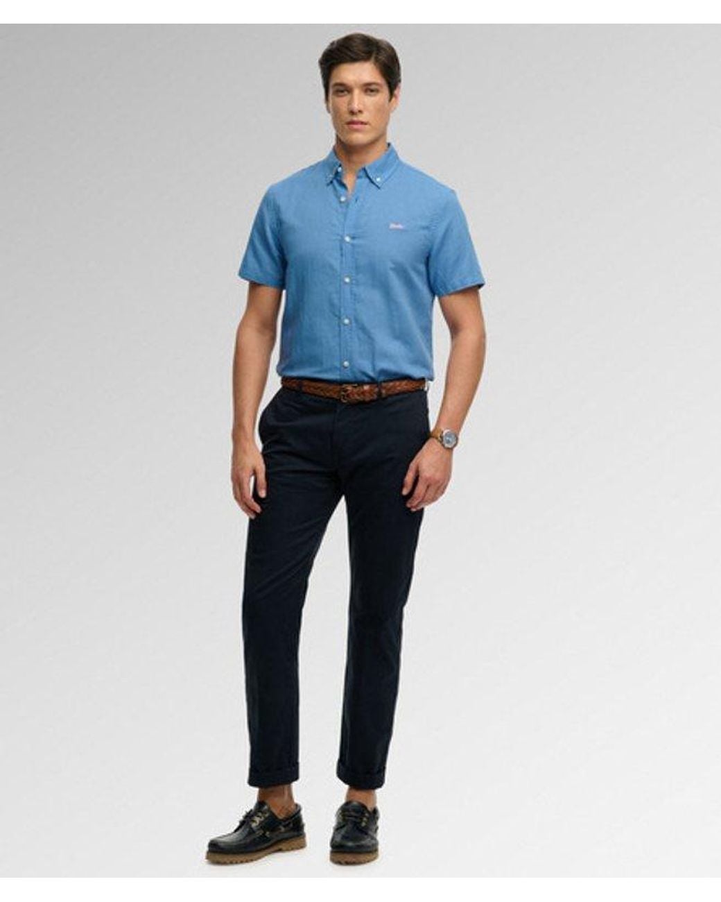 Superdry Blue Cotton Linen Short Sleeve Shirt for men