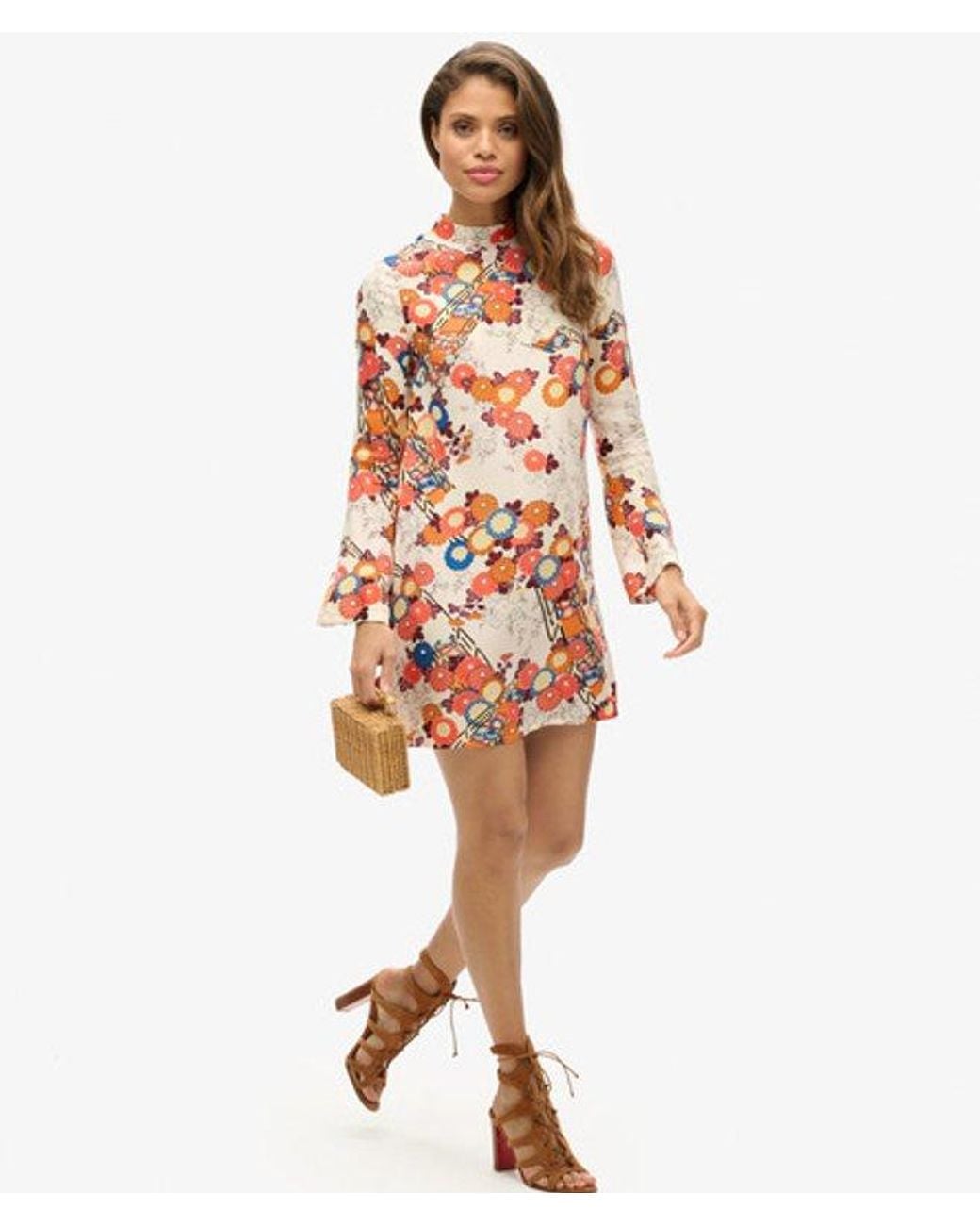 Superdry Red & Co Printed Long Sleeve Mini Dress