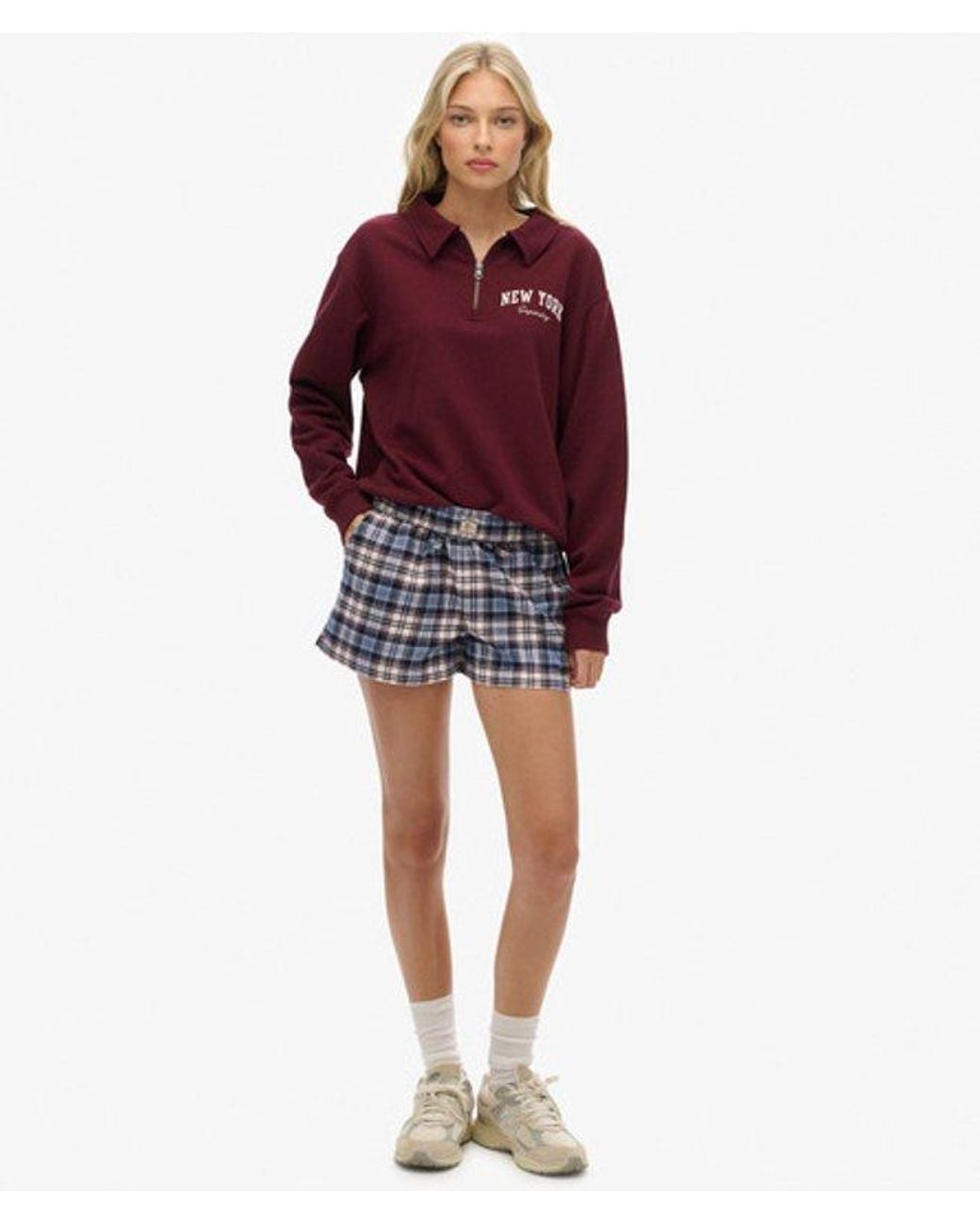 Superdry Purple & Co Cotton Check Elastic Shorts