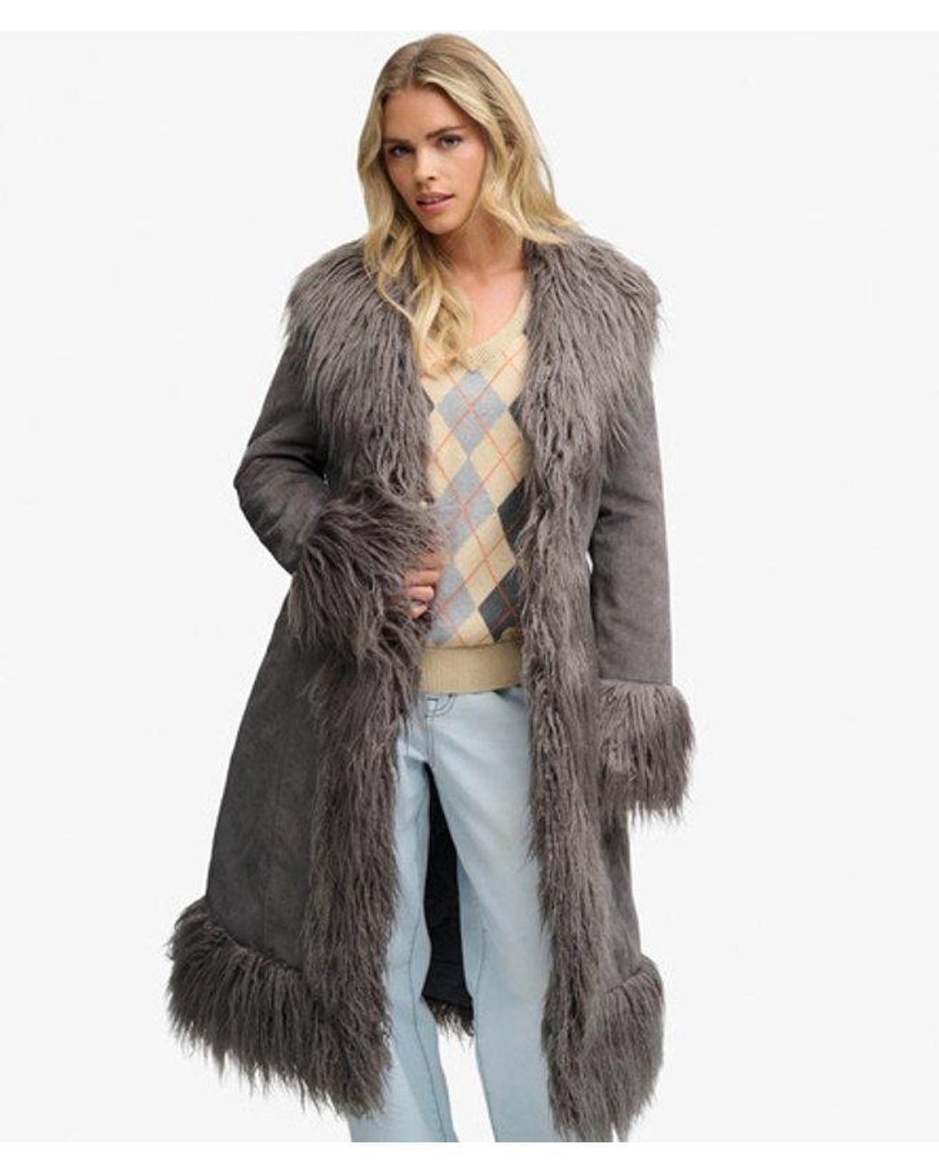 Superdry Gray Long Afghan Coat