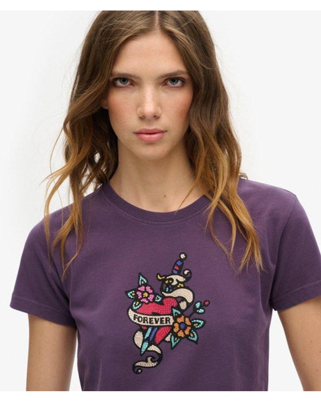 Superdry Purple & Co Small Tattoo Rhinestone Fitted T-shirt