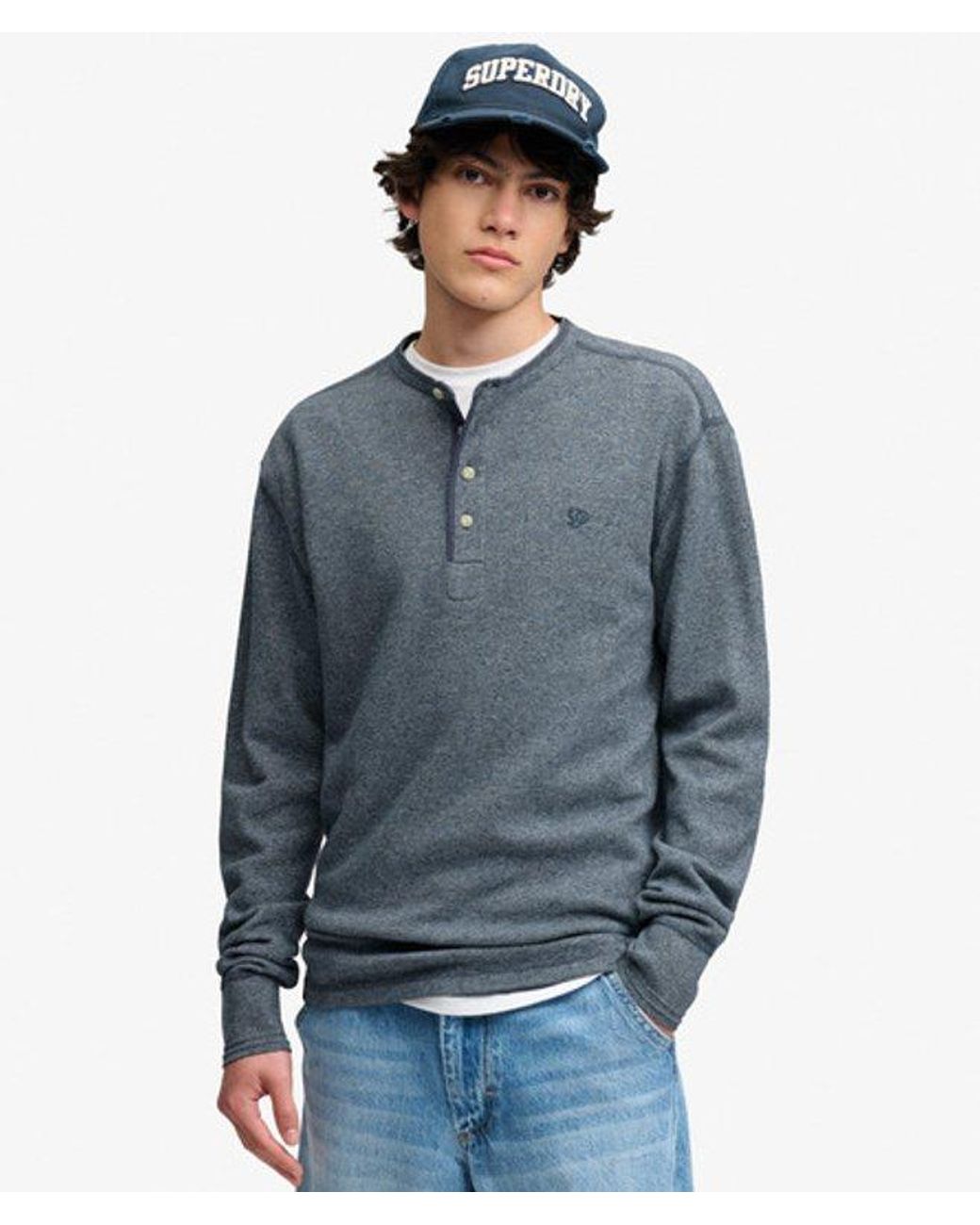 Superdry Blue & Co Mini Slub Waffle Long Sleeve Grandad Top for men