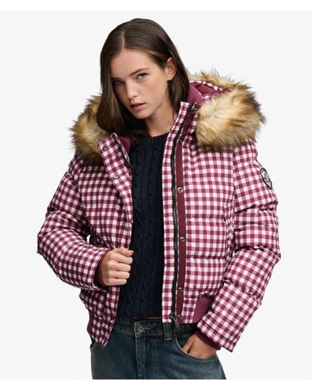 Superdry Red & Co Everest Check Hooded Bomber Jacket