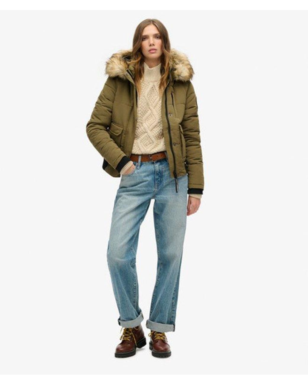 Superdry Green & Co Everest Fully Lined Embroidered Badge Hooded Puffer Bomber Jacket