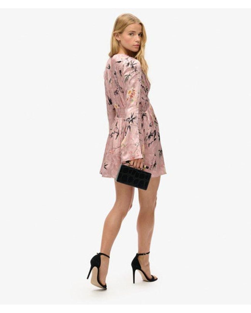 Superdry Pink & Co Floral Print Flare Sleeve Jacquard Mini Dress